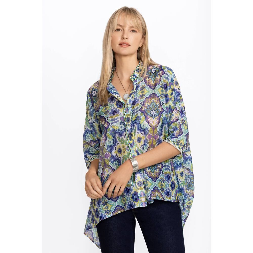 NWT Johnny Was Kiara Silk Blouse in Blue Multi - Size: Small